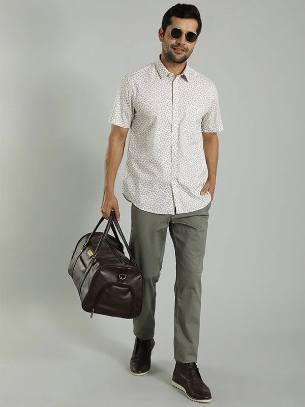 Indian Terrain Men's Regular Fit Half Sleeve Floral Print Off White Shirt